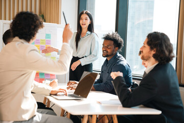 Professional Marketing Team, Diverse Colleagues and Businesswoman Collaborate Meeting, Brainstorming Ideas and Discussing Strategies for Project Planning, Working Together for Successful Corporate