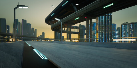 3d Futuristic highway leading to a skyline city at sunset