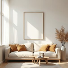 Modern calm living room with cozy sofa, mockup painting for text. Stylish contemporary furniture, home decor, interior design elements. Serene wall, comfortable lounge, vase, sunlight, architectural
