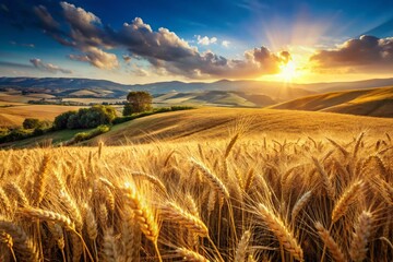 Obraz premium Sicilian Sun-Drenched Wheat Field: Golden Harvest in Italy's Lush Countryside