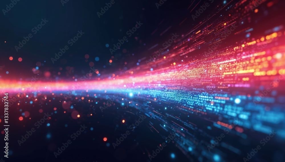 Poster bright glowing lines form abstract optical data stream on dark backdrop. high speed data transmissio