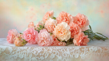 Vibrant bouquet of pink carnations and roses on lace, radiating warmth and heartfelt emotion.