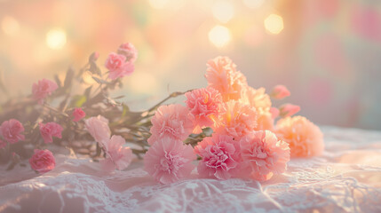 Vibrant bouquet of pink carnations and roses on lace, radiating warmth and heartfelt emotion.