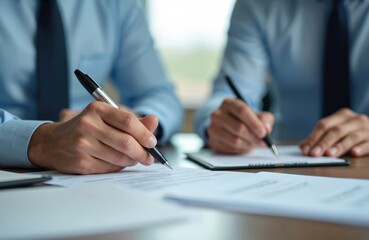 Financial advisors collaborate, working with legal documents. Two unrecognizable businessmen sign paperwork, analyze charts, graphs. Corporate executives planning strategy, using pen in workplace,