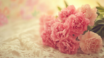 Vibrant bouquet of pink carnations and roses on lace, radiating warmth and heartfelt emotion.
