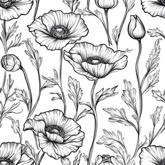 Elegant black and white poppy flower seamless pattern. Perfect for textile, wallpaper, or surface design. Vintage floral seamless pattern.