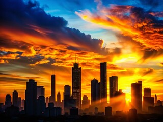 Silhouette Cityscape: Skyscrapers at Sunset, Urban Skyline Panorama