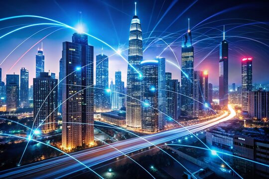 Silhouette Cityscape: Data Streams Flowing Through a Digital Metropolis