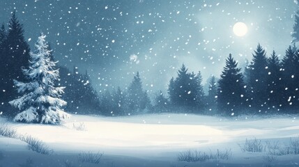 Naklejka premium Enchanting Winter Night Snowfall in a Majestic Pine Forest