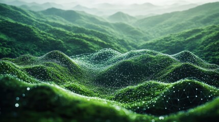 Digital landscape with interconnected nodes and lush hills during sunrise