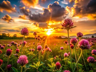 Fototapeta premium Silhouetted Clover Meadow at Sunset: Spring Flowers & Grass