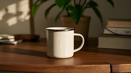 white aluminum mug on wooden table with lifestyle background,cafe,white