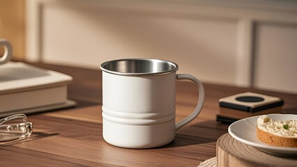 white aluminum mug on wooden table with lifestyle background,mug,cup