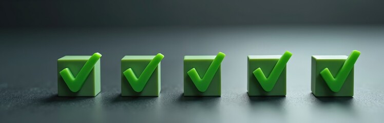 Green check marks symbolize completed tasks, achievements in business setting. Confirm task done, project objective reached. Concept of feedback, approval, performance, accomplishment, workplace,