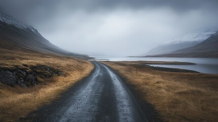 Fototapeta premium Misty Icelandic road, mountains, lake, autumn