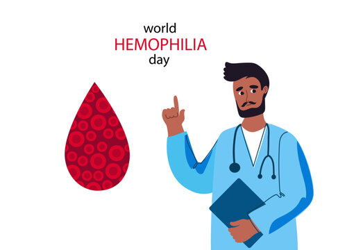 World hemophilia day banner. Infographic concept with character doctor and  blood drop.  WHD 2025 Campaign. Hand draw vector flat illustration for banner, poster.