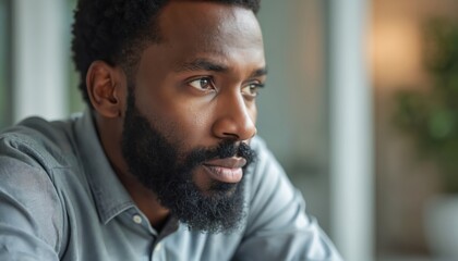 Close up of ethnic thoughtful bearded African American man in office. Pensive businessman worker searches solution. Boss thinks, ponders idea, dreams. Business strategy in corporate workplace.