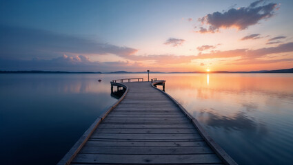 Fototapeta premium Serene Sunset Over a Wooden Pier on a Calm Lake Tranquil Nature Landscape