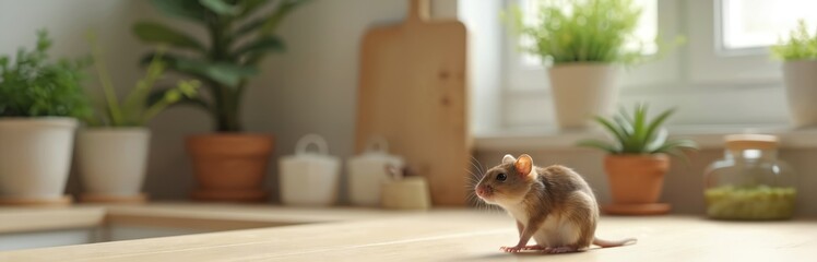 Fototapeta premium Small brown mouse sits on a kitchen counter near plants. Rodent poses in a bright home interior. Little mammal searches for food inside house near cooking utensils. Pest control concept.