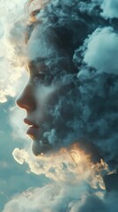 Ethereal portrait of a woman enveloped in misty clouds, symbolizing introspection and dreams