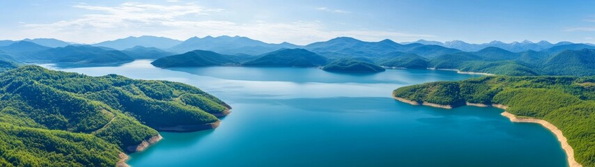 Fototapeta premium Serene Aerial View of Calm Lake Surrounded by Lush Green Forests