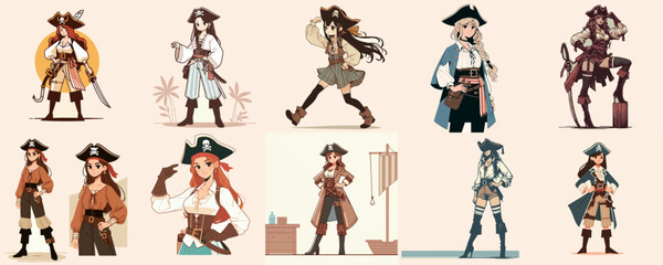 Naklejka premium cartoon illustration of a girl pirate captain