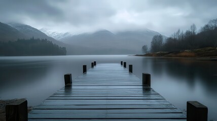 Naklejka premium Misty lake pier, mountains backdrop, Scotland, calm