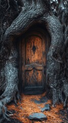 Fototapeta premium Enchanted wooden door nestled within ancient twisted tree roots, surrounded by autumn foliage