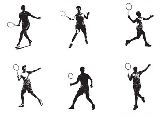 Dynamic Badminton Player Silhouettes – Black and White Sports Illustration