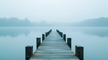 Fototapeta premium Misty lake, wooden pier, tranquil scene, serene background, meditation