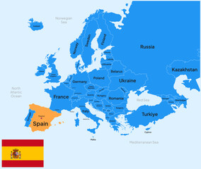 Obraz premium Map of Spain, Europe, with country name, capital, border, and flag