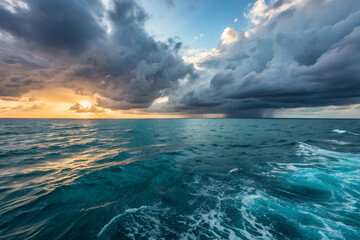 Obraz premium A breathtaking ocean sunset scene with golden rays piercing through dramatic clouds, reflecting on the rippling waves, creating a serene yet powerful atmosphere.