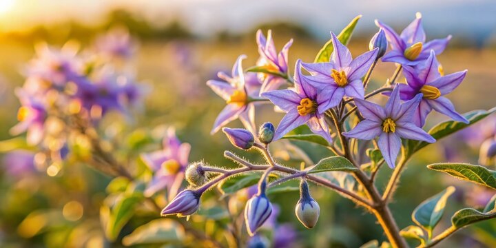 Silverleaf Nightshade (Solanum elaeagnifolium) Wildflowers Blooming in Attica, Greece
