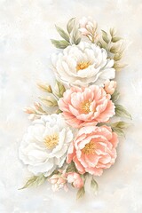 Elegant Watercolor Peonies Peach and White Floral Bouquet Soft Pastel Colors Romantic Spring Flowers