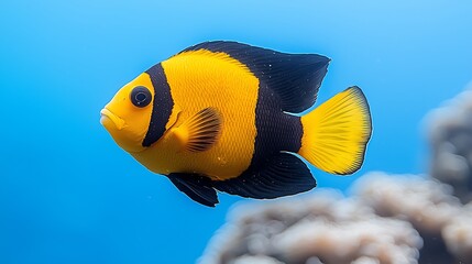 Naklejka premium Vibrant Yellow and Black Fish Swimming in Crystal Clear Ocean Water