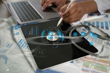 Medical insurance business doctor analyzing medical report Health insurance business virtual graph data and growth