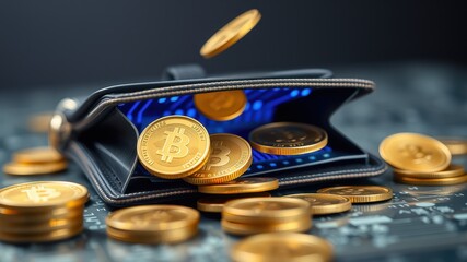 Digital Wallet with Bitcoin Coins and cryptocurrency on the table
