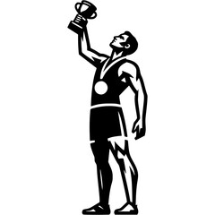 Sport emblem of male athlete winner of sports competition holds cup in monochrome. Engraving minimalistic vector in black ink drawing on transparent background