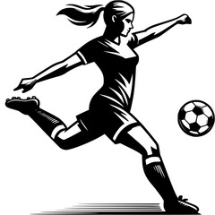 Sport emblem of female soccer player makes a powerful kick before hitting flying ball in monochrome. Engraving minimalistic vector in black ink drawing on transparent background