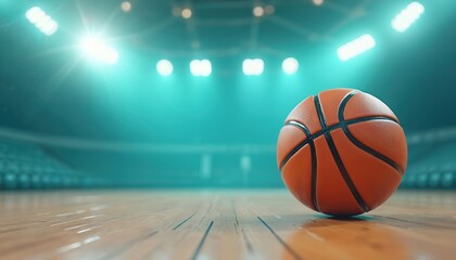 Obraz premium Basketball spins on polished court under stadium lights, symbolizing motion, precision, action. Clean minimal sport background with blue seats. 3D render, vibrant colors enhance energy.