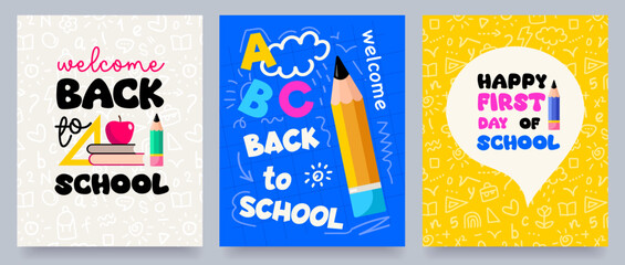 back to school poster set  with scribble doodle seamless pattern, autumn eve, pencil, cute blot, ink, doodle drawing elements, cover, background, poster, web, wallpaper, vector illustration © Natalya