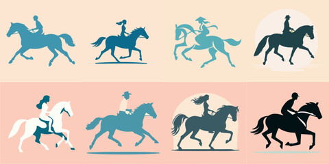 collection of person riding a horse silhouette on pink background
