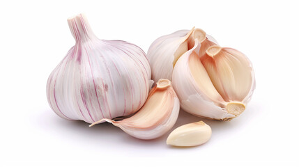 Two garlic cloves, one whole and one cut in half, are displayed on a white background. Concept of freshness and naturalness, as garlic is a common ingredient in many dishes
