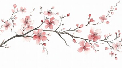 Obraz premium Hand-Painted Tree Branch with Beautiful Pink Flowers and Buds