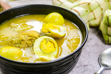 Traditional Indonesian food on Eid al-Fitr, ketupat and chicken and egg curry