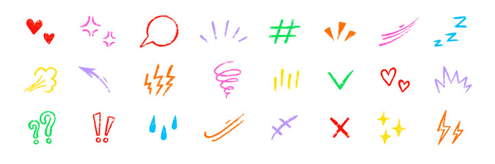 Line movement comic element, cartoon emotion mark effect decoration icon. Hand drawn cute doodle line element arrow, emphasis, shock, sparkle. Anime movement, express shape. Vector illustration