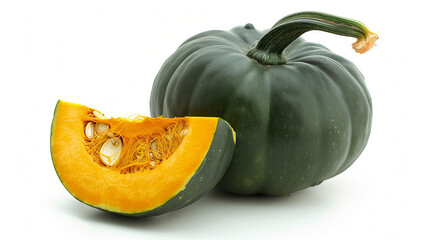 A green pumpkin with a yellow stem and seeds. The pumpkin is cut in half, revealing the seeds and the stem