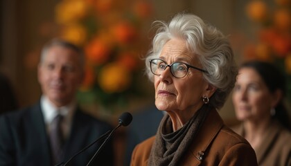 Elderly woman speaks at church funeral service. Dignified grieved lady gives speech, shares memories. Congregation shows respect, solace during solemn memorial event. Family, friends gather to pay