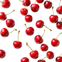 A shiny, ripe red cherry with a green stem, isolated against a white background, 