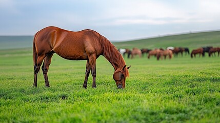 Obraz premium A beautiful red Thoroughbred horse lowers its head to graze, surrounded by a herd of horses scattered across a rolling pasture under a soft blue sky 